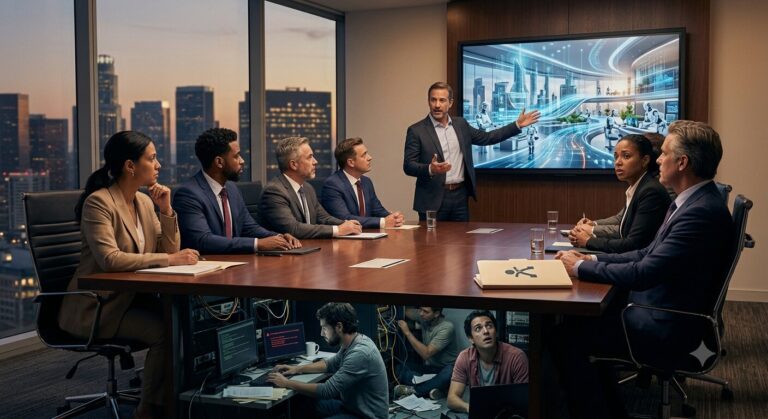 Executives review enterprise AI strategy as a digital divide symbolizes the gap between AI confidence and deployment reality.